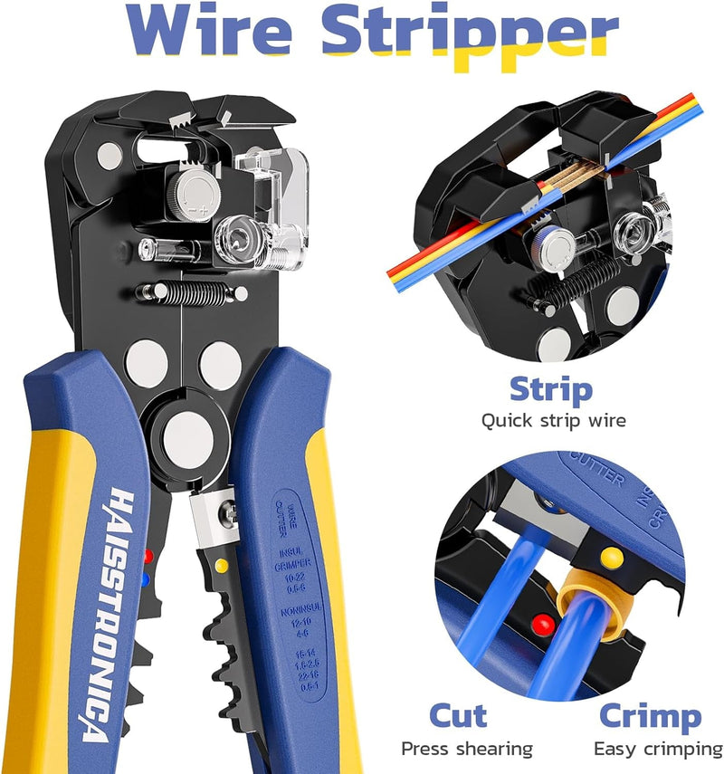 Haisstronica Wire Stripper and Crimping Tool,Awg 24-10 Automatic Stripper Tool with AWG 22-10 Ratchet Wire Crimper for Heat Shrink Connectors