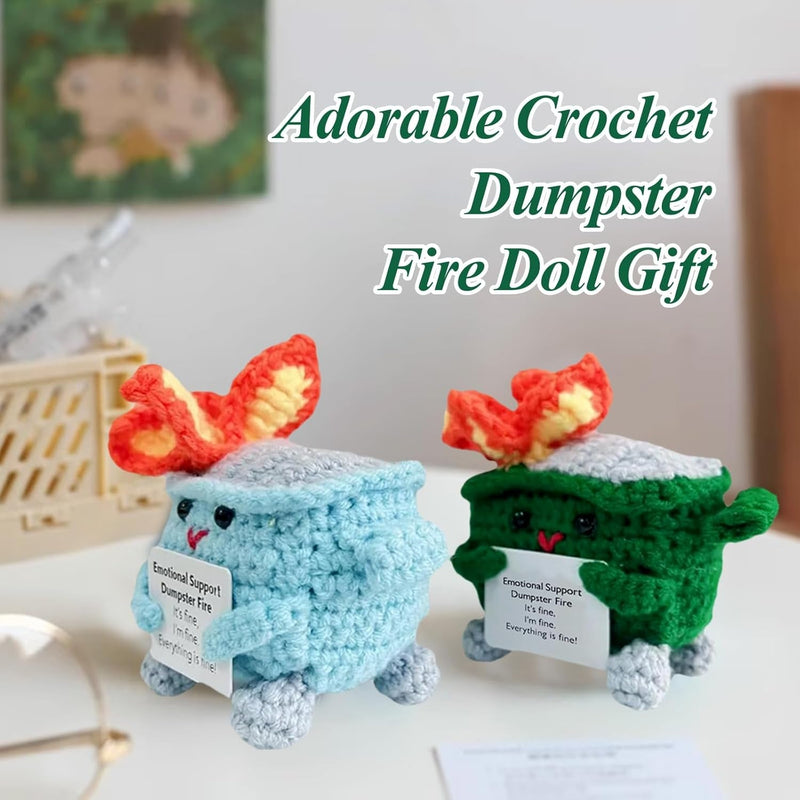 Emotional Support Dumpster- Handmade Crochet Dumpster Fire Doll, Christmas Dumpster Fire Knitting Toy Ornaments with Positive Card, Handmade Emotional Support Crochet Gift Desk Decor (Green)