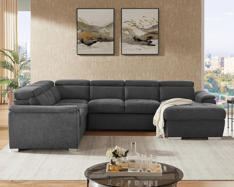 125'' U Shaped Sectional Sleeper Sofa with Pull Out Bed, Storage Chaise Lounge, and Adjustable Headrest, Oversized Sectional Couches for Living Room - Belfast Light Grey