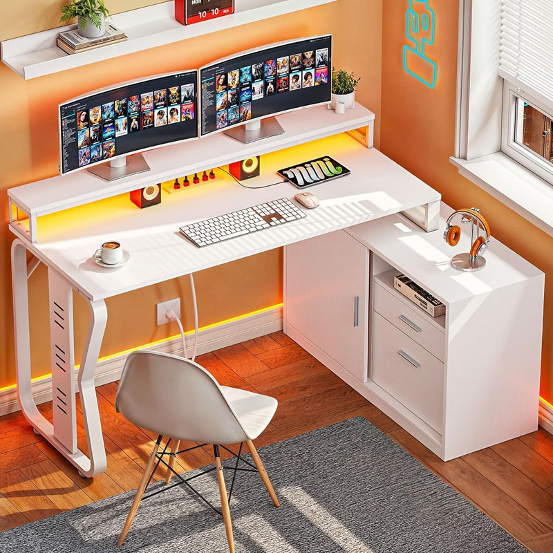 DWVO Reversible L Shaped Desk with Drawers, 55" Corner Computer Desk with Power Outlets, Home Office Desk with Sliding Door & LED Lights, White