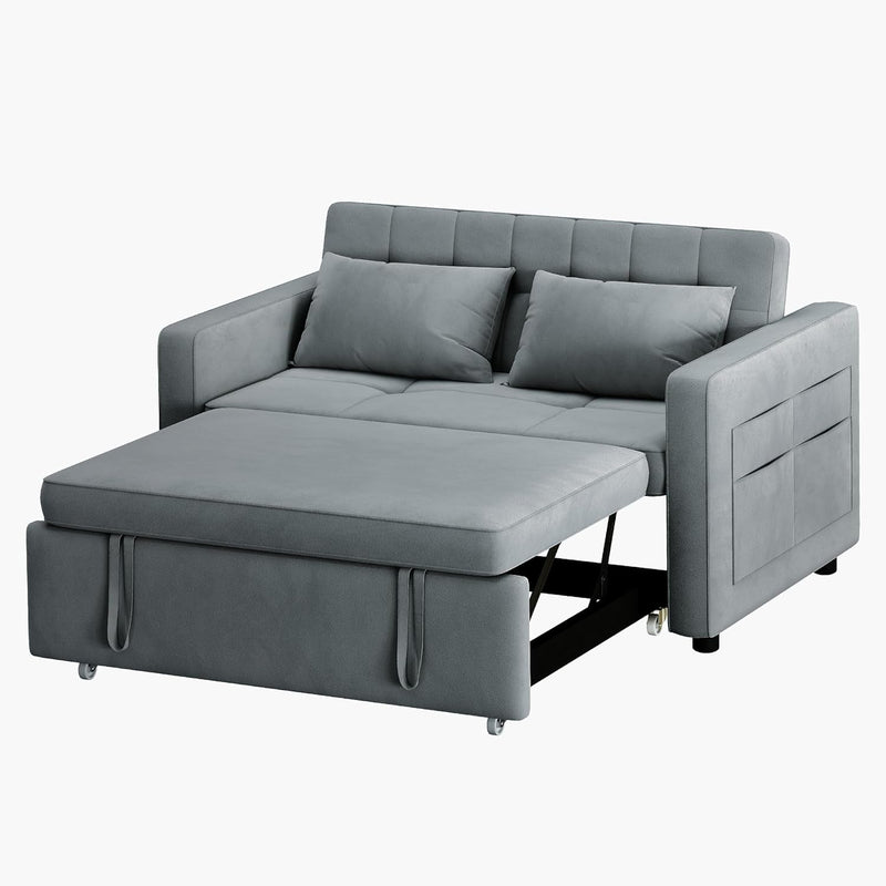 DWVO 55" Convertible Sofa Bed, 3-In-1 Sleeper Sofa with Pull-Out Bed, Velvet Futon Couch with Adjustable Backrest and Side Pocket, Modern Loveseat for Living Room Apartment, Grey, Full Size