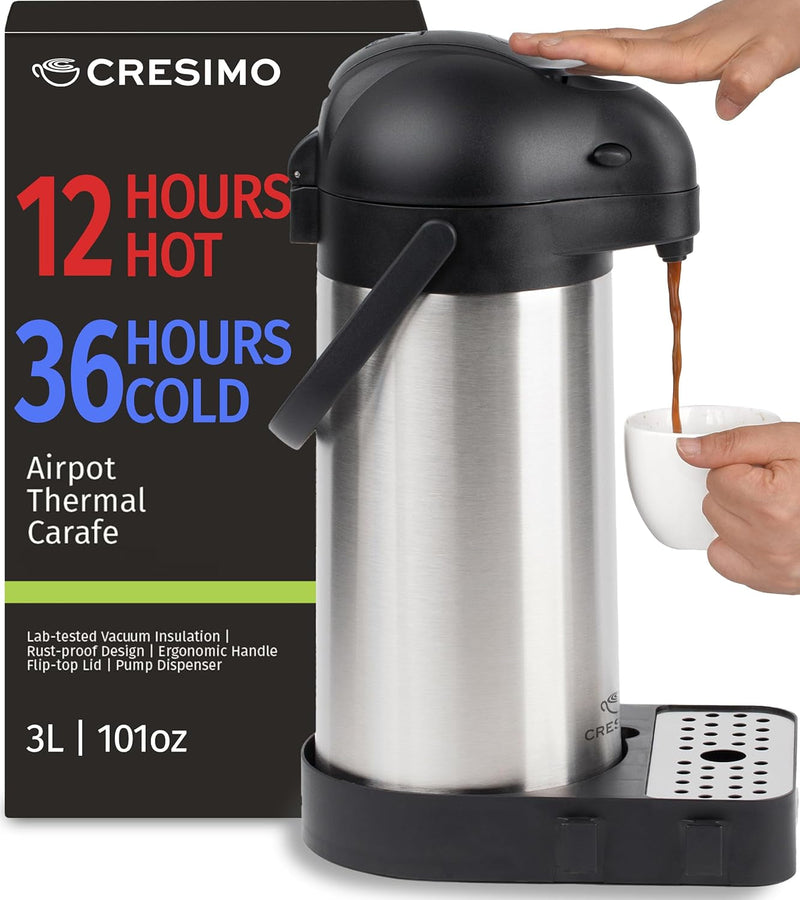 Coffee Carafe with Pump - 102Oz / 3L Airpot 12 Hours Large Carafe Hot Cocoa Dispenser for Parties-Hot Water Dispenser, Tea Flask-Insulated Stainless Steel Hot Beverage Dispenser-Thermal Carafe Air Pot