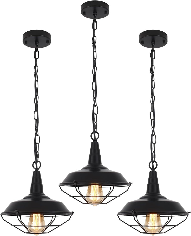 Black Industrial Pendant Light Fixtures, Farmhouse Pendant Lighting for Kitchen Island, Vintage Metal Cage Hanging Lamp with Adjustable Cord for Barn Porch Restaurant Hallway