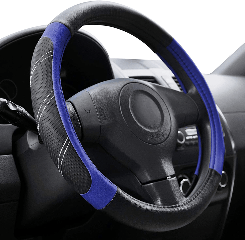 Elantrip Sport Leather Steering Wheel Cover 14 1/2 inch to 15 inch Universal, Padded Soft Grip Breathable for Car Truck SUV Jeep, Anti Slip Odorless Black and Gray