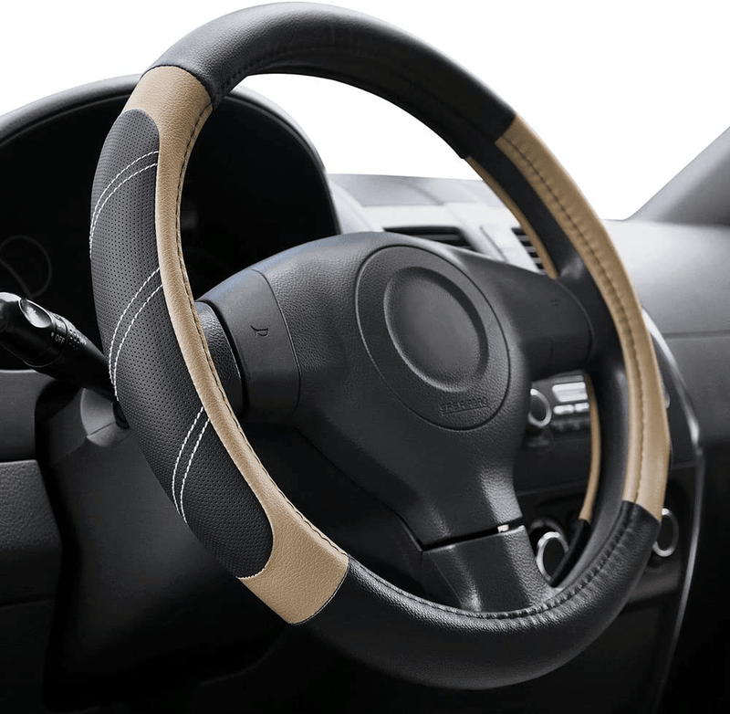Elantrip Sport Leather Steering Wheel Cover 14 1/2 inch to 15 inch Universal, Padded Soft Grip Breathable for Car Truck SUV Jeep, Anti Slip Odorless Black and Gray Vehicles & Parts > Vehicle Parts & Accessories > Vehicle Maintenance, Care & Decor > Vehicle Decor > Vehicle Steering Wheel Covers ‎ELANTRIP Beige 14.5 - 15 Inch 