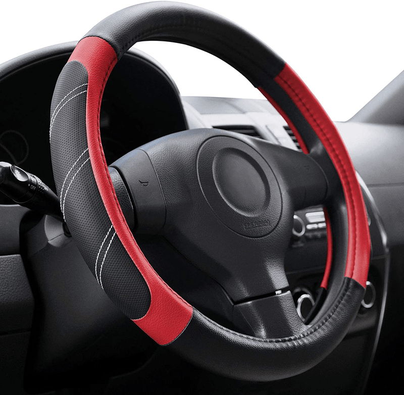 Elantrip Sport Leather Steering Wheel Cover 14 1/2 inch to 15 inch Universal, Padded Soft Grip Breathable for Car Truck SUV Jeep, Anti Slip Odorless Black and Gray Vehicles & Parts > Vehicle Parts & Accessories > Vehicle Maintenance, Care & Decor > Vehicle Decor > Vehicle Steering Wheel Covers ‎ELANTRIP Red 15.5-16 Inch 