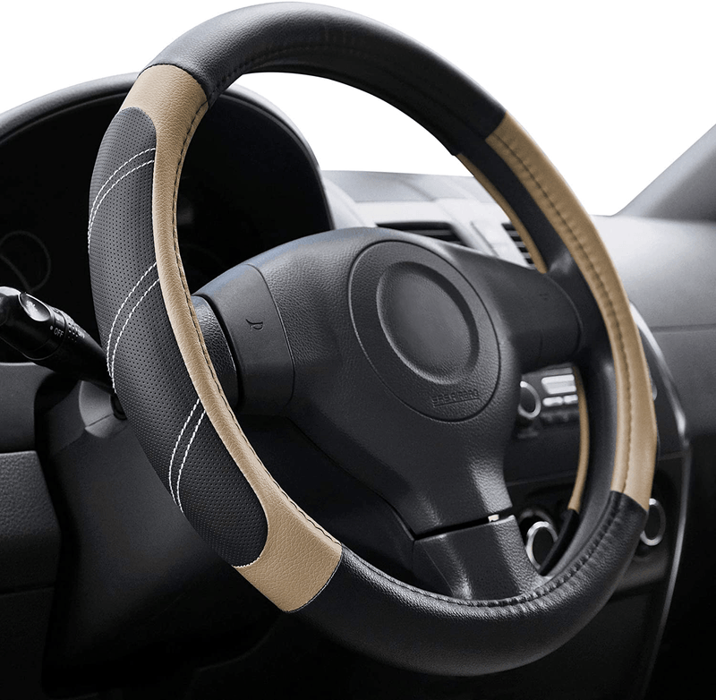 Elantrip Sport Leather Steering Wheel Cover 14 1/2 inch to 15 inch Universal, Padded Soft Grip Breathable for Car Truck SUV Jeep, Anti Slip Odorless Black and Gray Vehicles & Parts > Vehicle Parts & Accessories > Vehicle Maintenance, Care & Decor > Vehicle Decor > Vehicle Steering Wheel Covers ‎ELANTRIP Beige 15.5-16 Inch 