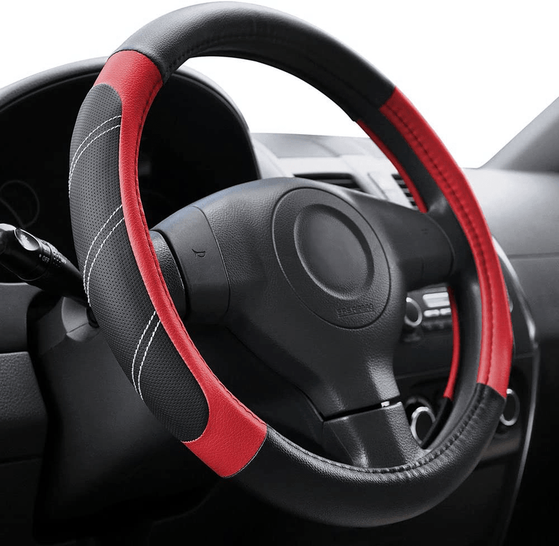 Elantrip Sport Leather Steering Wheel Cover 14 1/2 inch to 15 inch Universal, Padded Soft Grip Breathable for Car Truck SUV Jeep, Anti Slip Odorless Black and Gray Vehicles & Parts > Vehicle Parts & Accessories > Vehicle Maintenance, Care & Decor > Vehicle Decor > Vehicle Steering Wheel Covers ‎ELANTRIP Red 14.5 - 15 Inch 