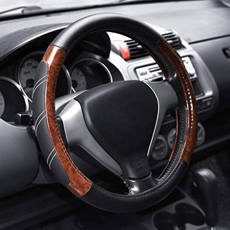 Elantrip Sport Leather Steering Wheel Cover 14 1/2 inch to 15 inch Universal, Padded Soft Grip Breathable for Car Truck SUV Jeep, Anti Slip Odorless Black and Gray Vehicles & Parts > Vehicle Parts & Accessories > Vehicle Maintenance, Care & Decor > Vehicle Decor > Vehicle Steering Wheel Covers ‎ELANTRIP Wood Grain 14.5 - 15 Inch 