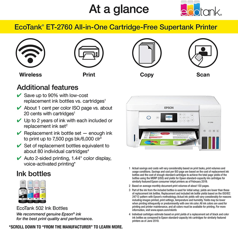 Epson EcoTank ET-2760 Wireless Color All-in-One Cartridge-Free Supertank Printer with Scanner and Copier