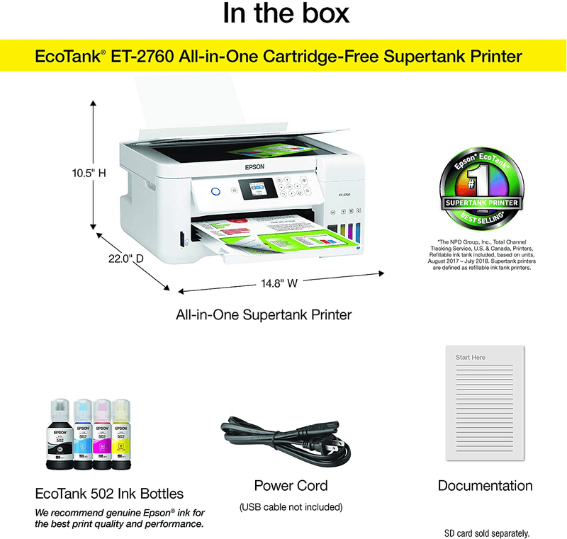 Epson EcoTank ET-2760 Wireless Color All-in-One Cartridge-Free Supertank Printer with Scanner and Copier Electronics > Print, Copy, Scan & Fax > Printers, Copiers & Fax Machines Epson   