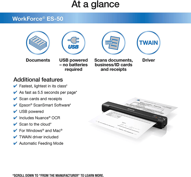 Epson WorkForce ES-50 Portable Sheet-Fed Document Scanner for PC and Mac Electronics > Print, Copy, Scan & Fax > Printers, Copiers & Fax Machines Epson   