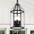 10" Modern 5-Light Exterior Black Lantern Pendant Light Fixture with Clear Rippled Glass Mini Industrial Hanging Cage Chandelier for Outdoor Kitchen Dining Room Hallway Entryway Foyer Porch