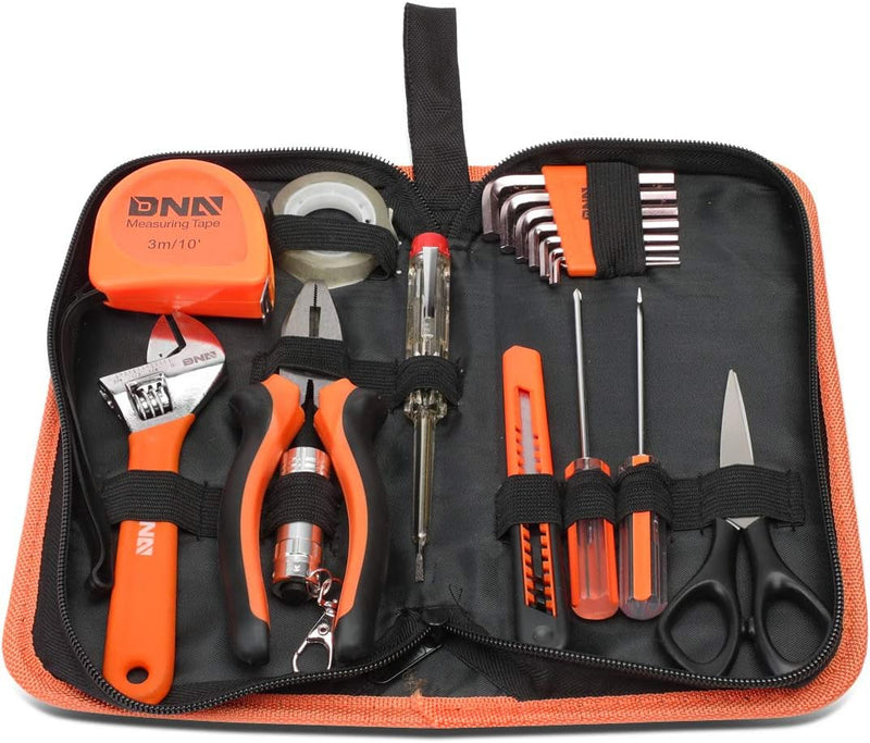 DNA Motoring TOOLS-00032 18 Piece Mechanic'S Home Repair Tool Set, Includes Pliers, Wrench, Hex Keys, Screwdrivers, Scissors, and Tape Measurer, 1 Kit, Orange/Black