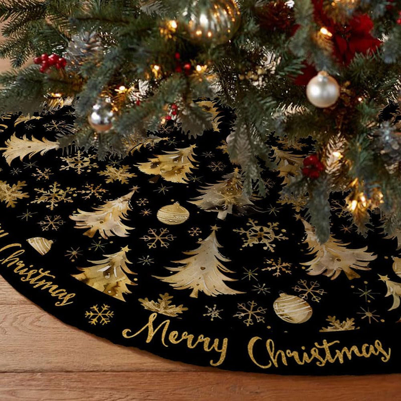 CROWNED BEAUTY Merry Christmas Tree Skirt Collar 48 Inch Xmas Trees Snowflakes Soft Farmhouse Holiday Decoration (Gold & Black) TS26