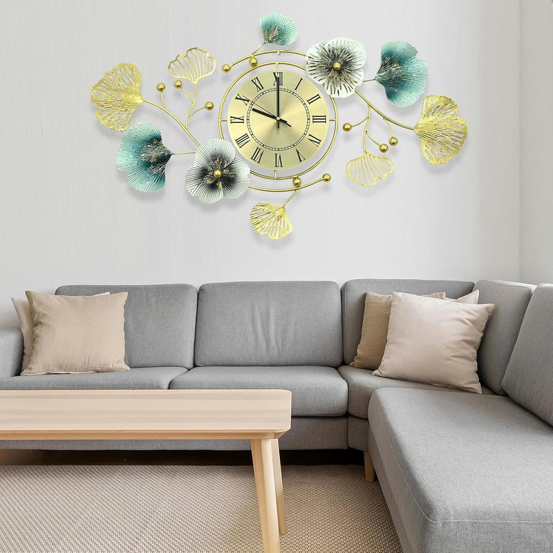 33 Inch Clocks for Living Room, Large Wall Clock, 3D Decorations Metal Ginkgo Leaf Design Silent Movement Wall Clocks for Home Wall Decor Clock