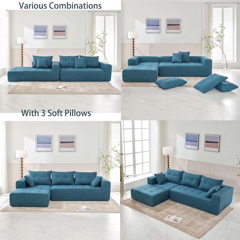 110" Cloud Modular Sectional Sofa, Linen L-Shape Freedom Combination Sofa with Reversible Chaise, Comfy Deep Seat Floor Living Room Sofa Couch with 3 Pillows for Apartment Office (Blue)