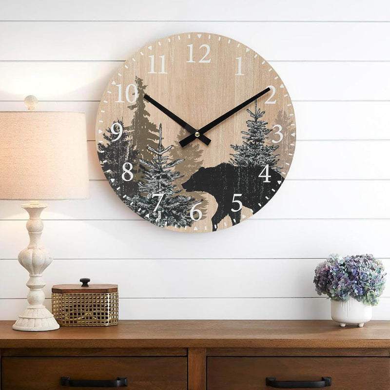 Cabin Bear Wall Clock 12 Inch Silent Non Ticking Clock Wooden Forest Wildlife Mountain Lodge Wall Clock Battery Operated Rustic Farmhouse Wall Clock