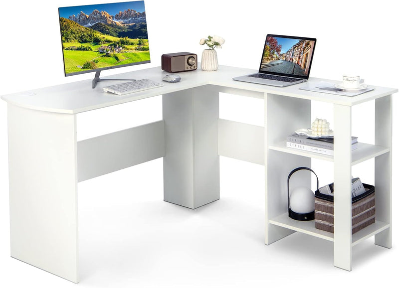 COSTWAY White L-Shaped Desk, 51” Modern Simple Style Writing Desk W/Storage Shelves, 2 Cable Management Holes, Space-Saving Design, Corner Computer Desk for Home, Office, White