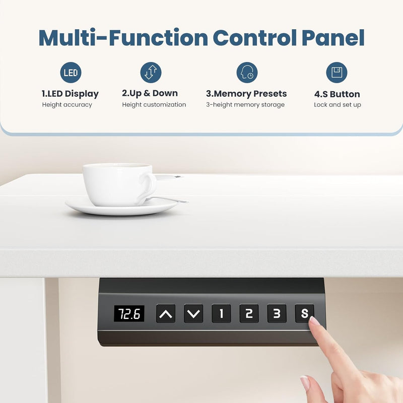 DUMOS, Electric Height Ergonomic Adjustable Memory Preset, Computer Stand up Desk with T-Shaped Bracket Suitable for Home Office, 55 X 24-Drawer, White