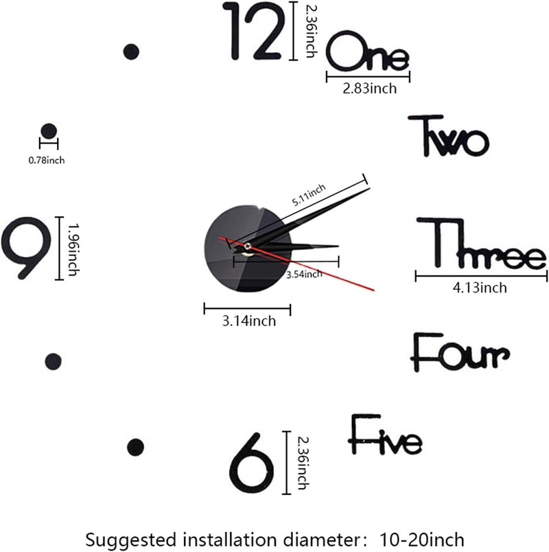 10-20 Inch DIY Wall Clock 3D Frameless Silent Non Ticking, Black round Battery Operated Modern Wall Clocks for Living Room Bedroom Office Home and Kitchen