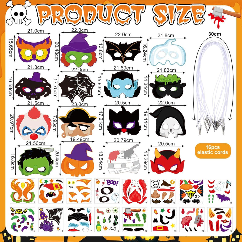 Blosssound 16 Pcs Halloween Mask for Kids Trick or Treat Mask Craft Make Your Own DIY Paper Mask Ghost Monster Face Masks Halloween Party Favor Art Project Family Classroom Activity