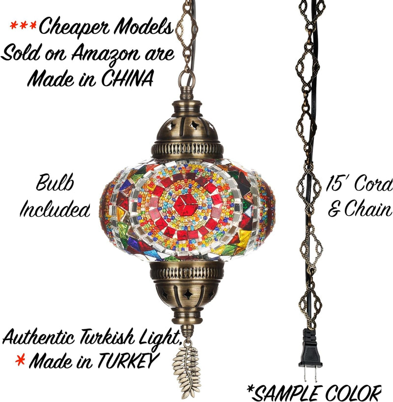 DEMMEX Authentic Turkish Plug in Pendant Light, 6.5" Big Size Globe, Made in Turkey, Turkish Moroccan Mosaic Ceiling Hanging Pendant Light Fixture Lamp, Swag Plug in with 15Ft Cord and Chain