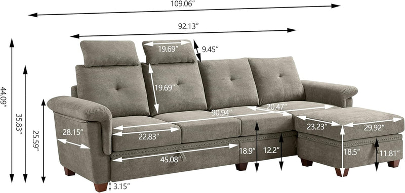 Convertible Sectional Sofa, Modern Microfibe High Back L Shaped Couch with Storage Chaise and Cup Holder 4 Seat Sofa Couches with Extra Headrests for Living Room, Apartment, Beige