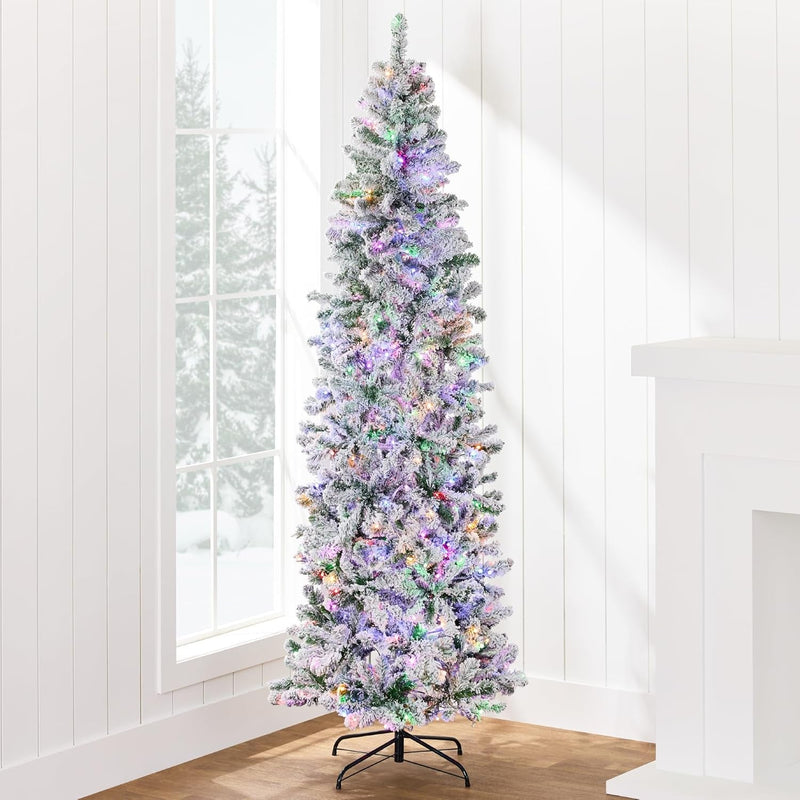 Best Choice Products Beflockter Weihnachtsbaum in Bleistiftform, schmale künstliche Weihnachtsdekoration mit Beleuchtung, 1,47 m, mit Sockel und warmweißen Lichtern