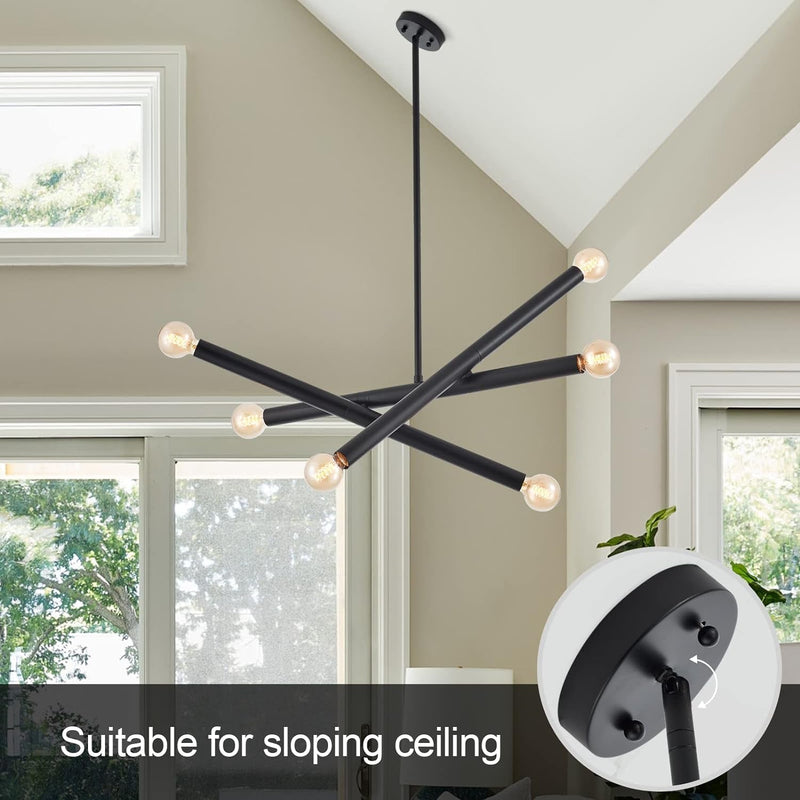 Black Sputnik Chandelier for Dining Room, Modern Pendant Light Kitchen, 6-Light Adjustable Hanging Light Fixture for Entryway Bedroom Foyer