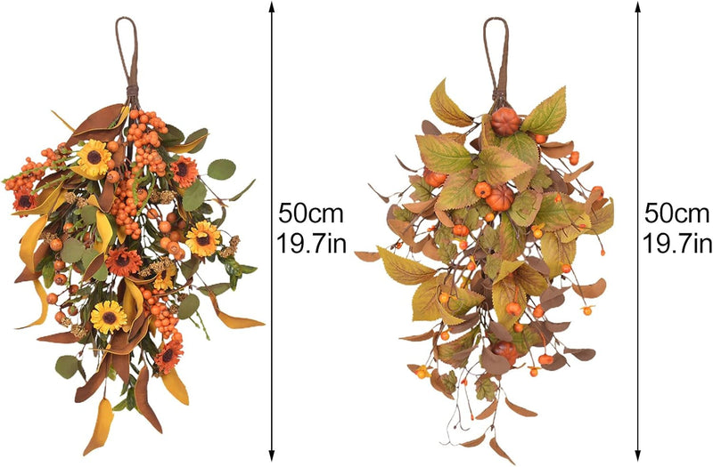 19.7Inch Fall Harvest Teardrop Swag, Simulation Flower Harvest Door Swag Wreath, Wall Hanging Autumn Wreath with Pumpkin Maple Leaf Berries for Front Door Thanksgiving Decor, A