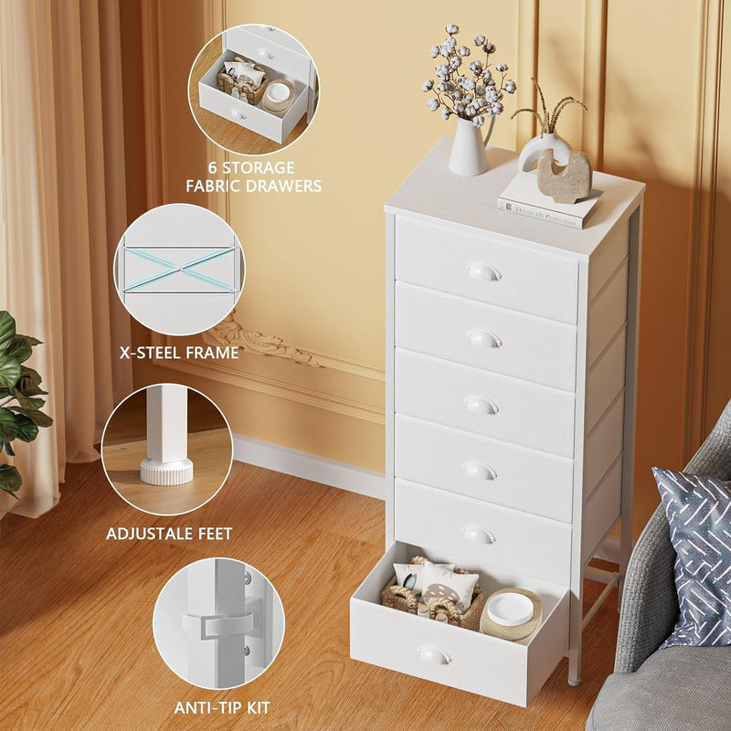 Furnulem White Tall Dresser for Bedroom,Vertical Storage Tower Unit and End Table with 6 Drawers, Nightstand Furniture with Fabric Drawer Organizer in Living Room,Closet,Entryway,Hallyway