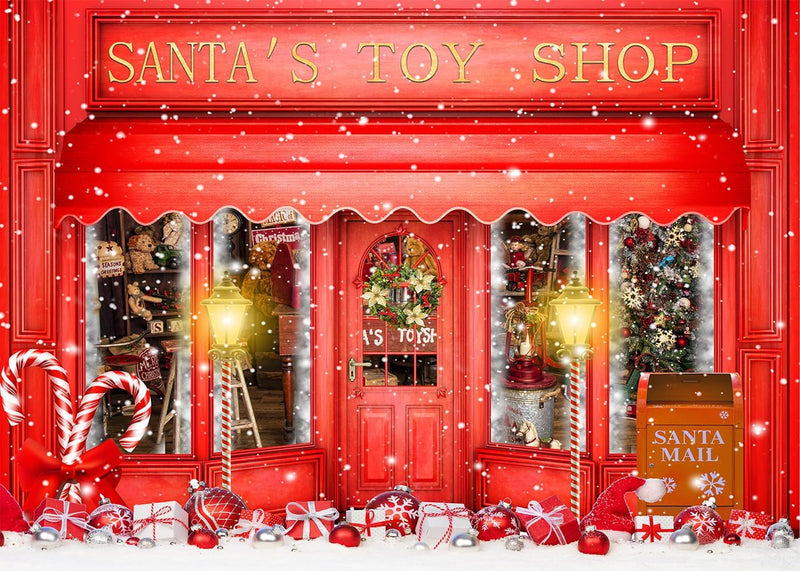 8X6FT Red Christmas Photo Backdrop Santa'S Toy Shop Candy Cane in Snow World Xmas Family Holiday Party Banner Photography Background Supplies Decor Studio Prop