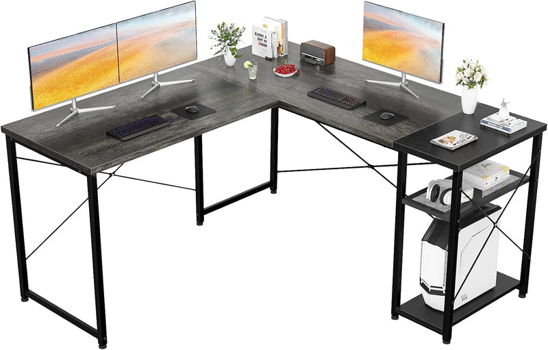 Homfio L Shaped Desk Computer Office Desk with Shelves Corner Computer Desk Large Gaming Table Industrial Simple Desk Workstation for Home Office Study Writing Table, Black Oak and Black