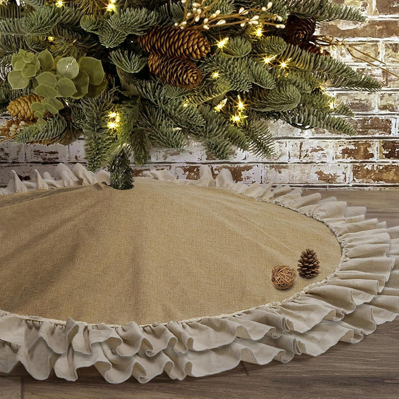 Burlap Tree Skirt 48 Inches, Fall Boho Rustic Christmas Tree Skirt, Xmas Tree Skirt with Ruffle, Farmhouse Christmas Ornaments Decorations