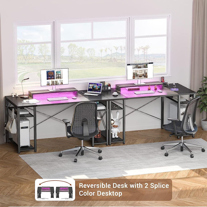 Armocity Computer Desk with LED Lights, 48 Inch Reversible Large Desk with Power Outlet and USB, 48'' Gaming PC Table with Moveable Monitor Stand for Home Office, Workstation, Grey and Black