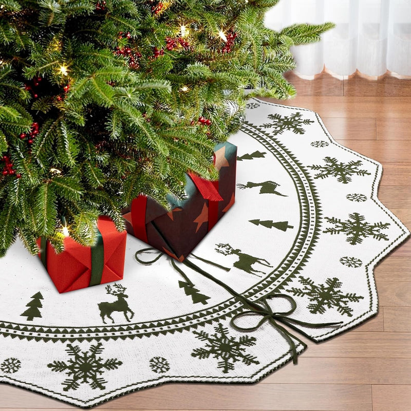 Christmas Tree Skirt 60 Inches, Knit Tree Skirt for 7Ft Tree to 9Ft Tree, Double-Sided Green and White Knitted Xmas Tree Skirt for Indoor Holiday Party Farmhouse Christmas Tree Decorations