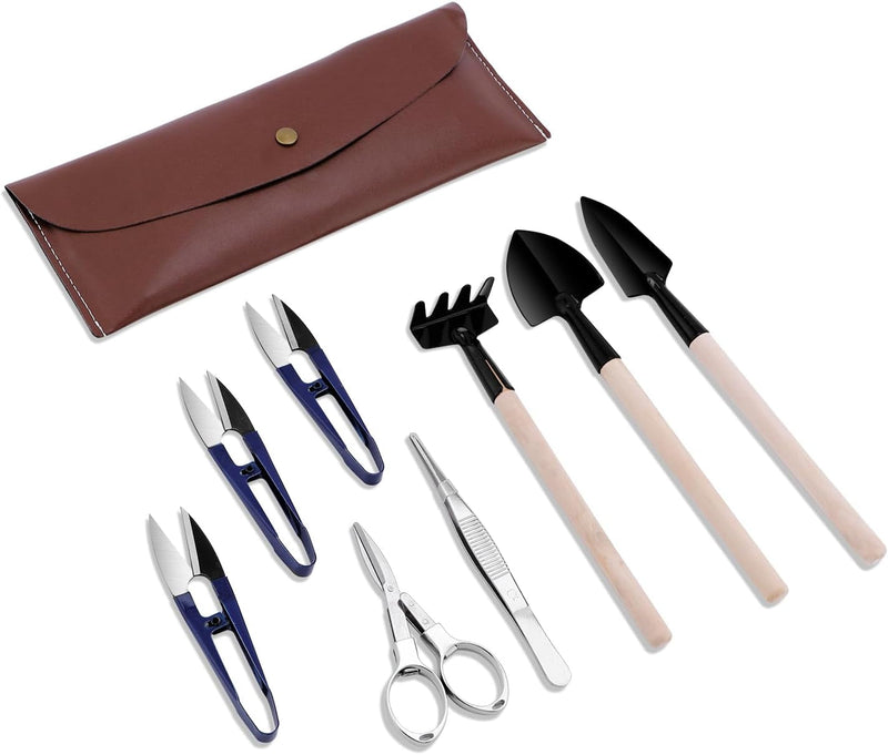 Bonsai Set 8 Pcs - Include Pruner,Fold Scissors,Mini Rake,Bud & Leaf Trimmer Set by ZELAR Made