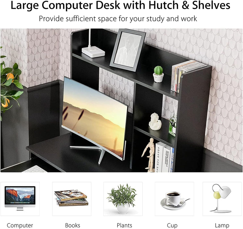 Bookshelf, Wood Study Writing Storage Shelves, Modern Home Office Laptop Table with Keyboard Tray, Space-Saving Design Computer Desk with Hutch, Black