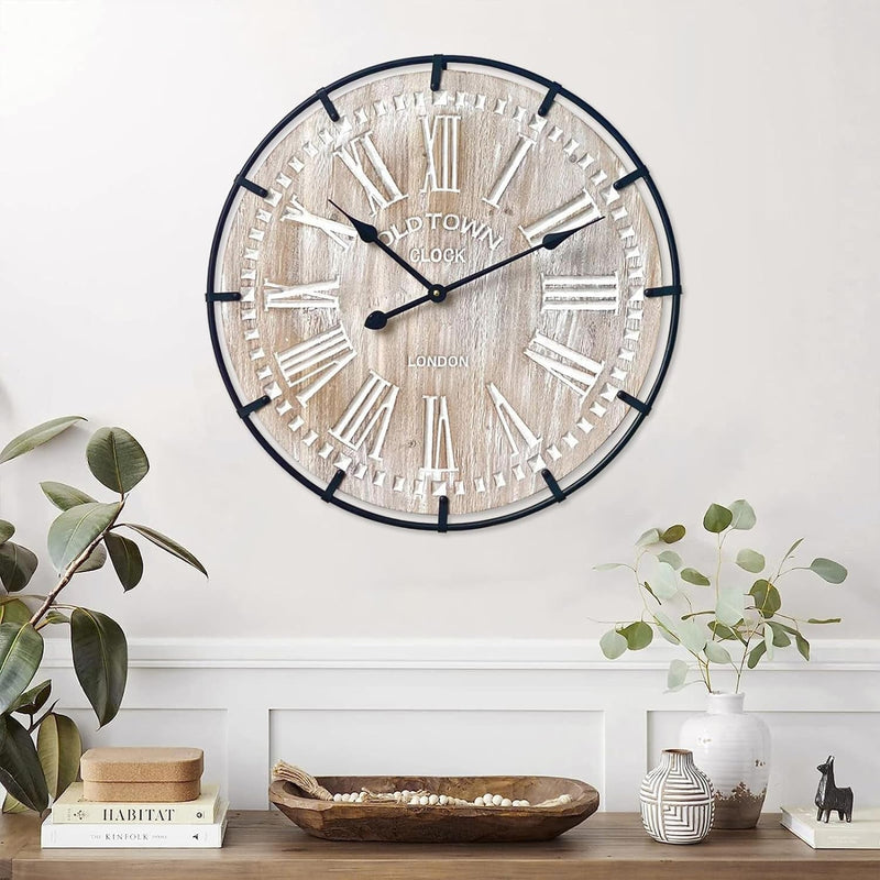 24 Inch Large Farmhouse Wall Clock, Rustic Antique Wood with Metal Circle and Large Engraved Numerals, Silent Battery Operated Wall Clock for Office Kitchen Bedroom Living Room