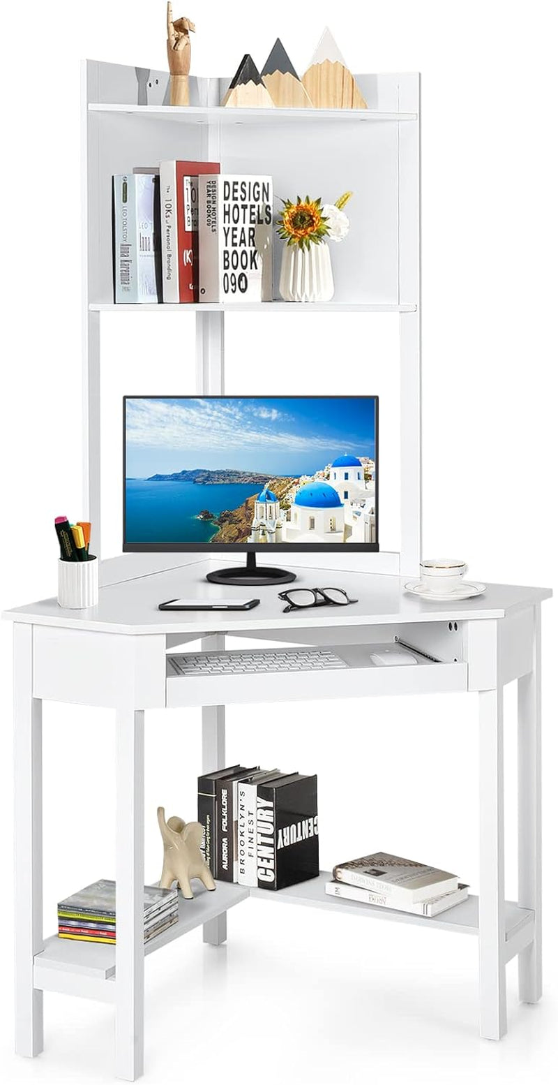 COSTWAY Corner Desk with Hutch, Compact Corner Computer Desk, Study and Writing Table with Keyboard Tray & Bottom Shelves, Space-Saving Laptop PC Desk for Small Space, Home, Bedroom, Apartment (Black)