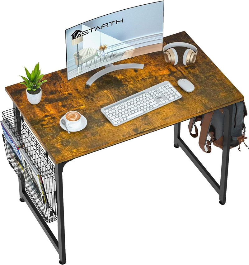 ASTARTH Study Computer Desk-55 Inch Home Office Desk, Wood Storage Table, Modern Writing Style Laptop Table, Black Metal Frame, PC Table with Storage Basket and Headphone Hooks, Rustic Brown