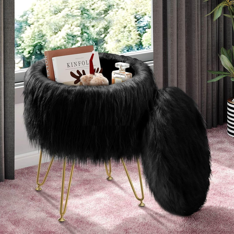 GREENSTELL Vanity Stool Chair with Storage, 13.5" W X 18" H round Faux Fur Ottoman with 4 Metal Legs, Furry Padded Seat, Modern Multifunctional Makeup Stool for Bedroom Living Room Black