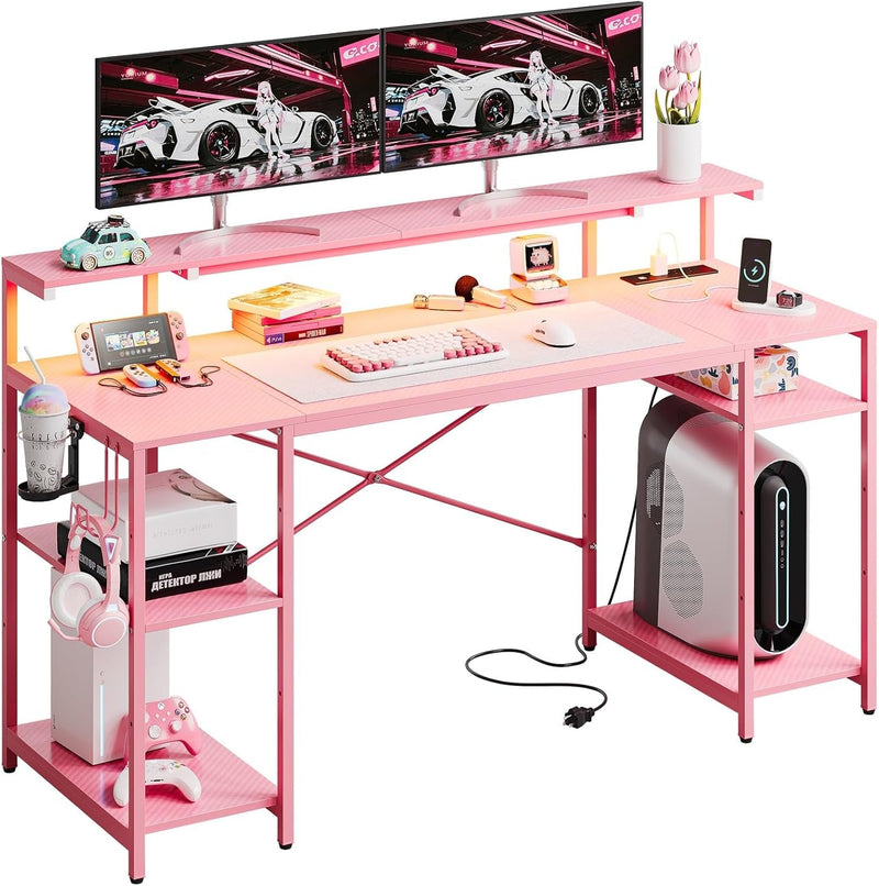 Bestier Pink Gaming Desk with Reversible Power Outlets, 55 Inch LED Computer Desk with Monitor Stand & Adjustable Shelves, Writing Desk with Cup Holder & Hook for Home Office, Pink 3D Carbon Fiber