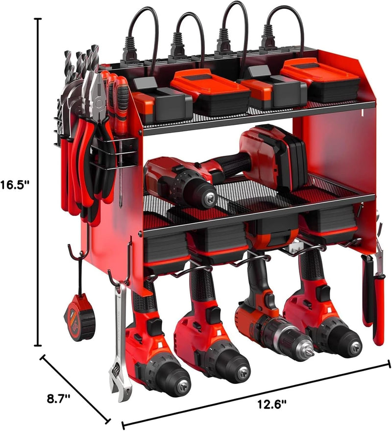 CCCEI Modular Power Tool Organizer Wall Mount with Charging Station. Garage 4 Drill Storage Shelf with Hooks, Screwdriver, Drill Bit Heavy Duty Rack, Tool Battery Holder Built in 8 Outlet Power Strip.