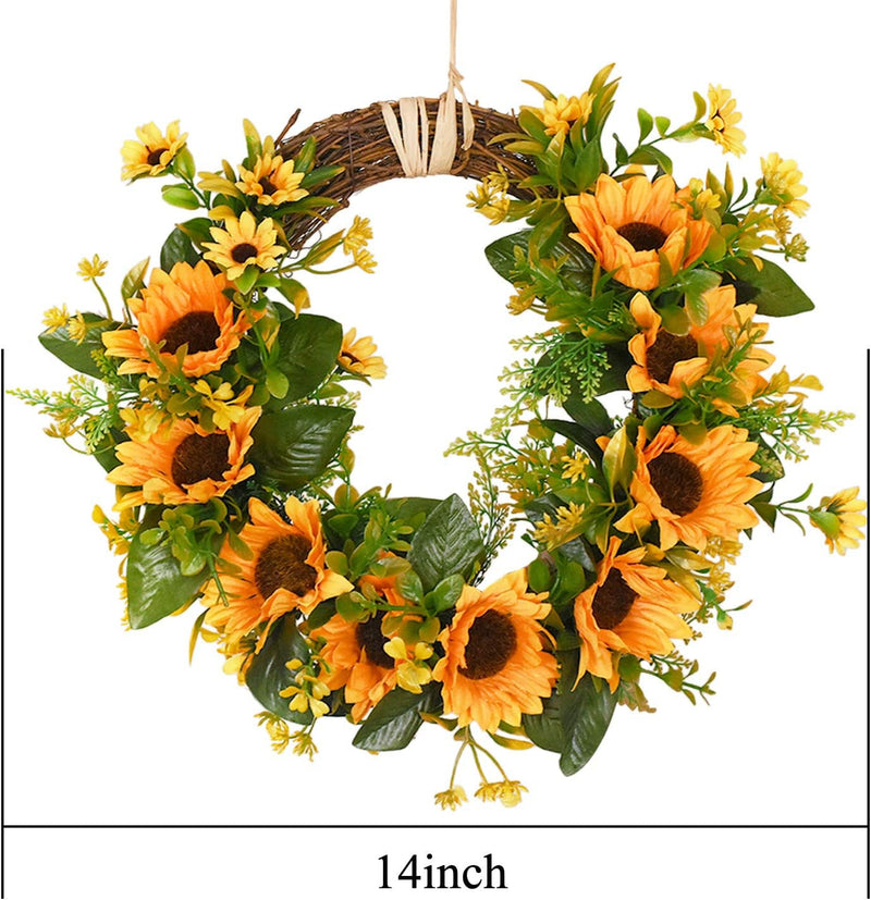 Dolicer Artificial Sunflower Wreath Silk Sunflower Wreath Flower Wreath with Yellow Sunflower and Green Leaves Sunflowers Flowers Greenery Wreath for Wedding Party Indoor Outdoor Home Decor, 13.8"