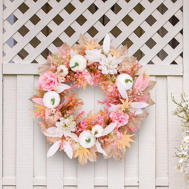 Fall Wreath 16 Inches Autumn Wreath with White Pumpkins and Pink Flowers Leaves Farmhouse Fall Floral Wreath for Front Door Thanksgiving Harvest Home Decor