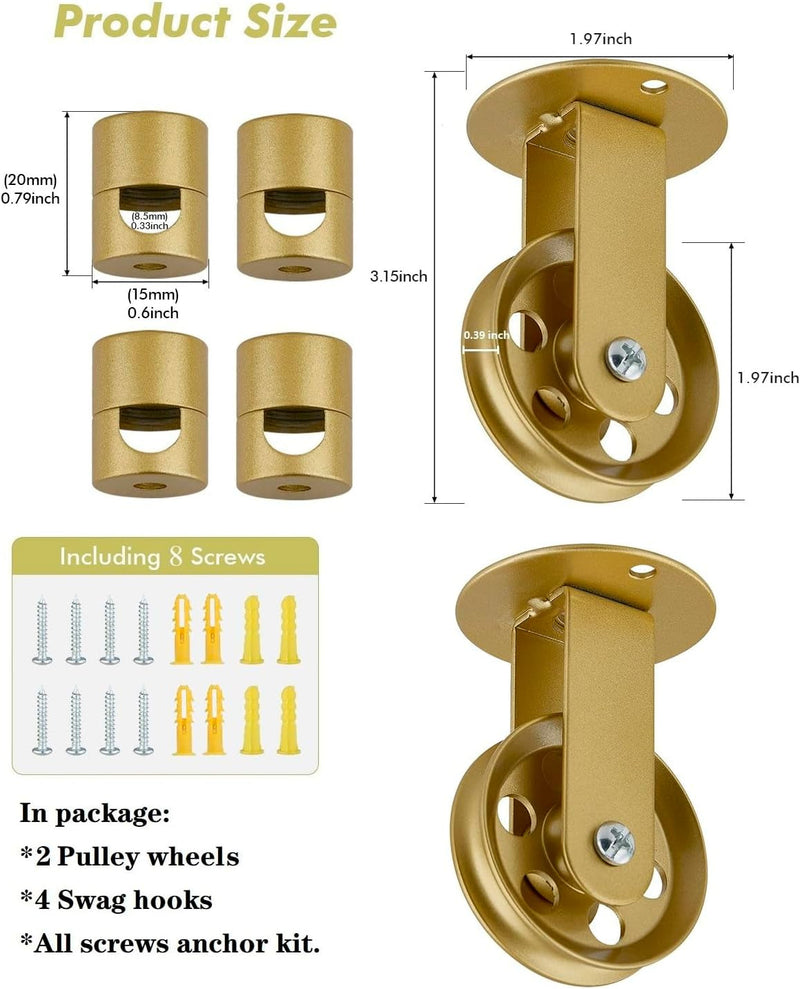 Gold Pulley Wheels Set of 2 for Plug in Pendant Light Fixture, Swag Hook for Pendant Lighting Chandelier Ceiling Lights Cable, Wall Ceiling Mount Pulley Lamp Hooks for Hanging Lamp Ceiling (2 Pack)