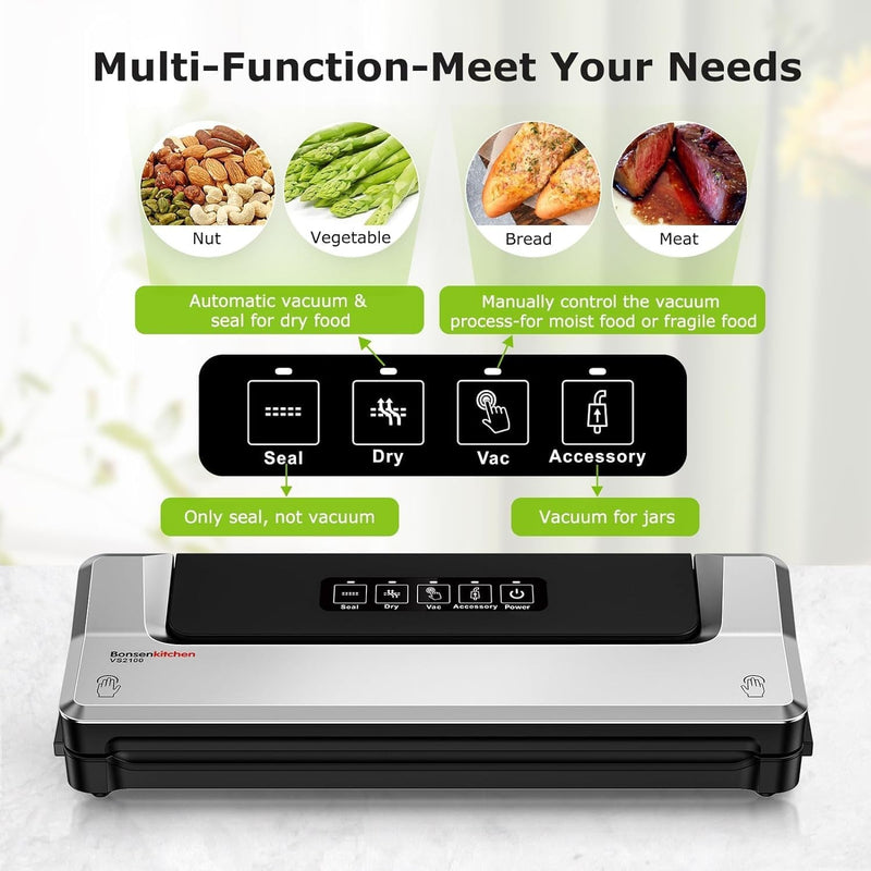 Bonsenkitchen Vacuum Sealer Machine, Fast-Compact Food Sealer, Multi-Functional Food Vacuum Sealer with 5 Vacuum Bags & Accessory Hose, Globefish Technology for High-Speed Continuous Working, Silver