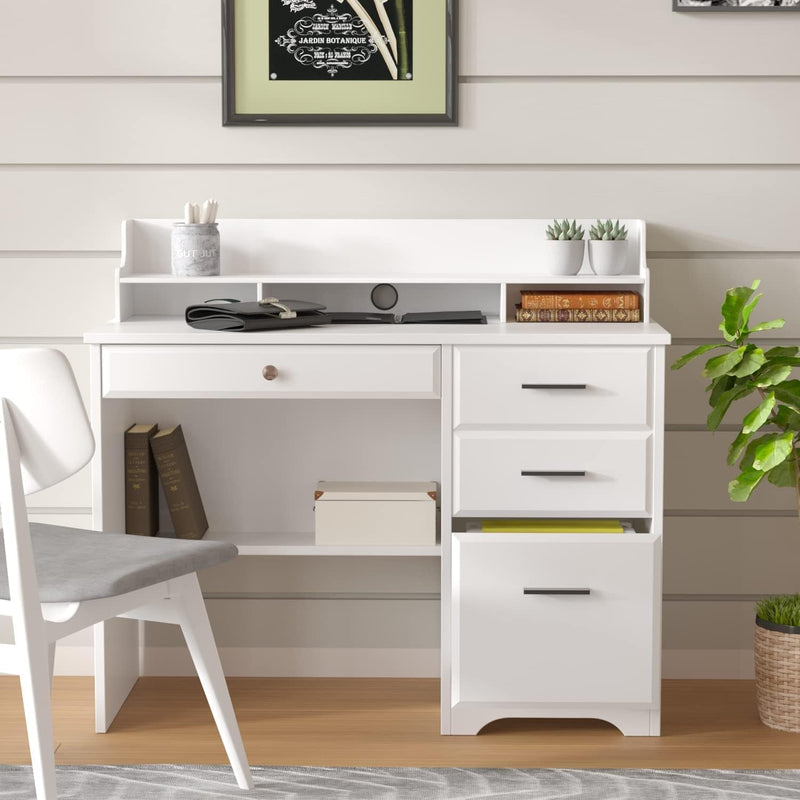 Catrimown Computer Desk with Storage Drawers and Hutch, 44 Inch Home Office Desks with 4 Drawers & Monitor Stand for Small Space, Small White Desk Writing Table Study Desks for Bedroom, White